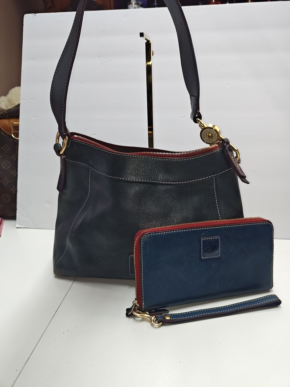 Dooney & Bourke Women's Navy/Green Leather Shoulder Bag w/ Semi Matching Wallet